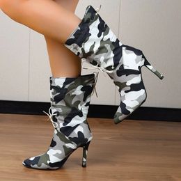 Boots Fashion Pointed Toe Mid Calf for Women Camouflage Print Stiletto Lace Up Women's Shoes High Heels 2024 Botas Mujer 231123