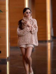 Elegant Sequins Sparkling Knit Sweater Women Turtleneck Loose Long Sleeves Pullovers Autumn Winter Party High Street Jumper