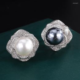 Chains Genuine Real Jewels Copper Plated Platinum 2023 Style Ormosia Pearl Flower Diamond Women's Ring 14mm High Quali