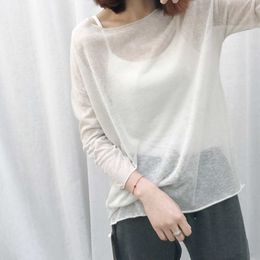 Women's T-Shirt Summer Women Knitted Tees Top Thin See Through Casual T Shirts O Neck Solid Loose Tops Three Quarter Sleeve P230328