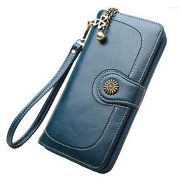 Wallets Women Vintage Long Wallet Greased PU Leather Lady Zipper Phone Pocket Three-Fold Card Coin Purse Female Luxury Clutch Money Bag