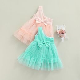 Girl Dresses Baby Girls Mesh One Shoulder Dress Summer Toddlers Sweet Style Solid Sloping Sleeveless Bow Decoration Princess Gown