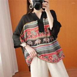 Women's Blouses 2023 Summer Arts Style Women Loose V-neck Casual Shirts Patchwork Vintage Print Batwing Sleeve Blouse Female Tops V843