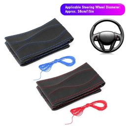 Steering Wheel Covers 38cm/15in Leather Wrap Cover Hand Stitching Embossing With Needle And Thread Universal Car Accessories