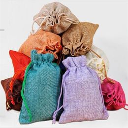 50pcs lot 15x20 17x23 20x30 cm Drawstring Jute Burlap Linen Bags For Christmas Gift Packing Pouches Personalise Custom237i