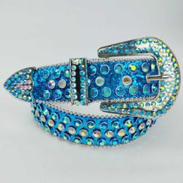 Belt Designer New women's explosive shiny leather with blue diamond rhinestone men's belt