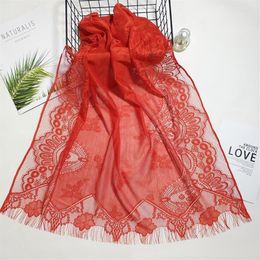 Scarves Korean Solid Color Hollow Lace Silk Scarf Thin Printing Translucent Long Soft Turban Tassel Beach Travel Fashion Women Sha301u