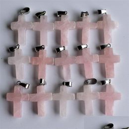 Charms Natural Stone Pink Rose Quartz Opal Tigers Eye Turquoise Cross Shape White Black Crystal Pendants For Necklace Accessories Je Dhzkq