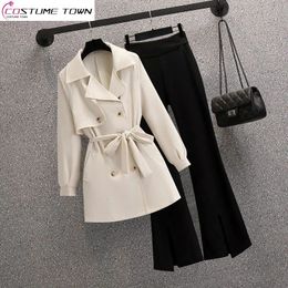 Women's Two Piece Pants 2023 Spring and Summer Bow Thin Jacket Blazer Casual Flare Two piece Elegant Women Suit Office Outfits 231123