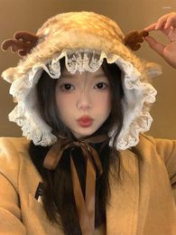 Berets Japanese Winter Women's Furry Windproof Pullover Bomber Hat For Girl Plush Lace Trimed Ear Protection Christmas Gorras