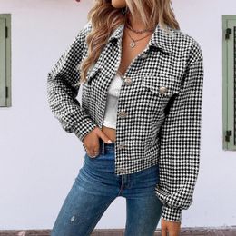 Women's Jackets 2023 Women Retro Short Turn Down Collar Shacket Single Breasted Houndstooth Print Coat Loose Fit Ladies Daily Jacket