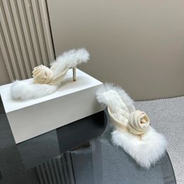 shearling velvet rose shoes heeled sandals Winter mules Open-toe stiletto heel Slippers Brand pumps slip-on women's evening party shoes luxury designers factory shoe