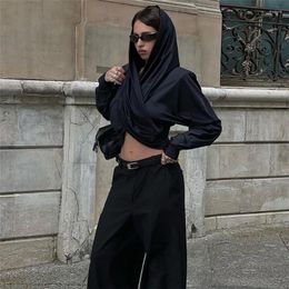 Women's Blouses Fashion Black Knitted Shirt Elegant Slim Hooded Long Sleeve Shirts Streetwear Classic Crop Tops Female Clothing