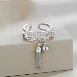 Cluster Rings Korean Fashion Metal Ball Shaped Pendant Tassel Ring For Women Double Layer Zircon Retro Cross Adjustable Party Jewellery