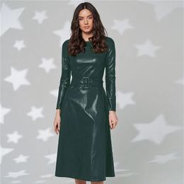 Basic Casual Dresses Fashion Belt Artificial Leather Dress Womens Long Sleeve Slim Fit PU Sexy Club Arrival in Autumn and Winter 231122