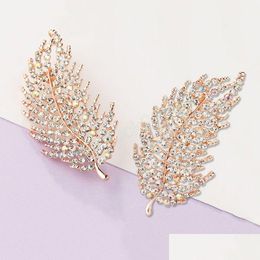 Pins Brooches Fashion Crystal Feather Brooch Zinc Alloy Exquisite Gold Colour Lapel Pins Dress Coat Accessories Party Wedding Jewelr Dhzxi