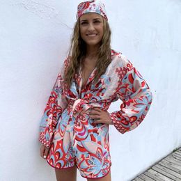 Women s Two Piece Pants Dour y 3pcs Beach Style Satin Set Vintage Totem Floral Pattern Button down Shirts Shorts Headscarf Summer 231123