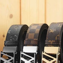 Designer New Top Layer Cowhide V-Button Business Casual Versatile Plaid Print Men's Automatic Buckle Pants Belt