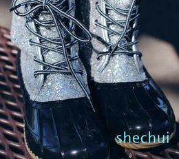 Fashion-TopSelling New Women's Boots Lady Waterproof Bling Women Rubber Rain Lace Up Ankle Shoes Autumn Winter Pink