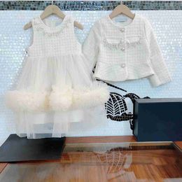 Luxury designer girl dresses party baby Cake lace skirt Size 100-150 Pearl button kids coat and Tank top dress Nov25