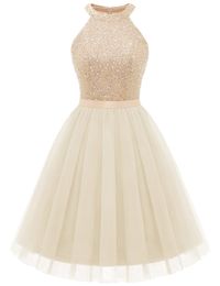 Short Homecoming Dresses Sequins Halter Tulle A-Line Party Gowns Princess Birthday Mini Prom Graudation Cocktail Party Gowns 04
