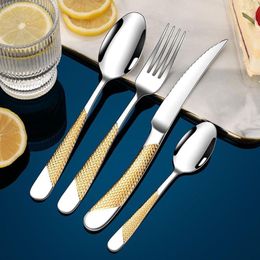 Dinnerware Sets 4pcs/set Stainless Steel Flatware Set Hammered Silver Gold Silverware Kitchen Utensil Tableware Knives Forks Spoons