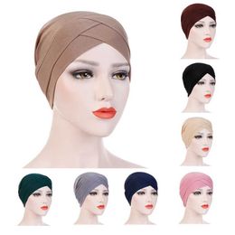Women Stretchy Turban Hat Cross Head Wrap Cotton Hijab Cap Solid Colour Soft Headscarf Fashion Muslim Hats Scarf High Quality New 230920