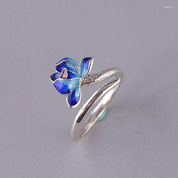 Cluster Rings Real Pure S925 Silver Jewellery Trend Ethnic Style Burning Blue Craft Fresh Open Lotus Woman Ring Good Luck Gift
