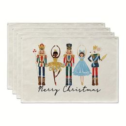 Party Hats Nutcrackers Xmas Balls Merry Christmas Placemats Set of 4 Seasonal Winter Holiday Table Mats for Dining Decoration 231122