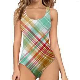 Women's Swimwear Swimsuit 2023 Women Fashion Plaid Print Onepiece Bikini Sexy Halter Round Neck Tummy Control Tankini Tre Bano Mujer