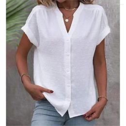 Women's Blouses Summer Solid V-Neck Button Shirt Casual White Cardigan Short Sleeve Blouse Ladies Loose Tops Femme Blusas 2024