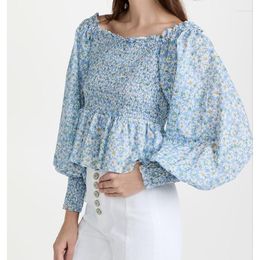 Women's Blouses 2023 Summer Women's Slash Neck Pleated Shirt Top Light Blue Casual Print Long Sleeve Women Street Fashion