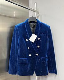 Women's Suits 2023 Autumn/Winter Blue Velvet Starry Sky Sequins Silver Button Turndown Collar Suit Coat Long Sleeve