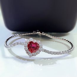 Queen Heart Ruby Diamond Bangle Bracelet 100% Real 925 Sterling silver Wedding Bracelets For Women Bridal Promise Party Jewellery