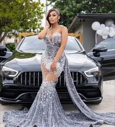 Sparkly Silver Sequins Mermaid Prom Dresses 2023 Luxury Crystals With Train Plus Size Glitter Plus Size Formal Evening Party Dress