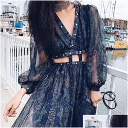 Basic Casual Dresses Bohemian Blue Printed Vacation Dress Woman V Neck Desert Beach Maxi Bodycon Y Long Sleeve Party Rivets Drop Deliv Dhqbz