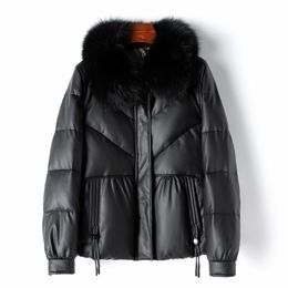 Sheepskin Leather Jacket Fox Fur Collar Goose Down Jackets Women Winter Coat Thick Warm Parkas Black Outerwear Tops S M L