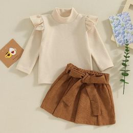 Clothing Sets Toddler Girl Fall 2Pcs Outfit Long Sleeve High Neck Tops With Elastic Waist Corduroy A-Line Belted Skirt Set Clothes