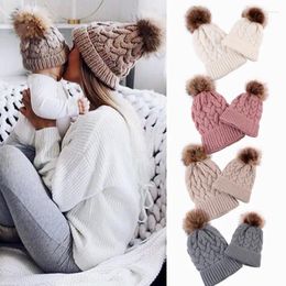 Hair Accessories Parent-Child Beanie Hats Adults Kids Baby Winter Warm Cable Knit Hat Bobbles Family Matching Caps With Pom Ball