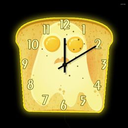 Wall Clocks Spooky Side Up Fried Egg Ghost LED Neon Sign Luminous Kitchen Clock Modern Design Illuminated Glow In Dark