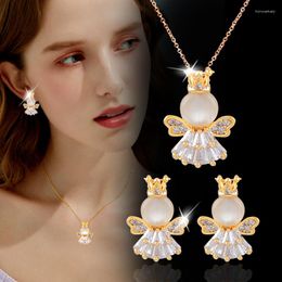 Necklace Earrings Set LEEKER Korean Fashion Opal Angel Pendants And Necklaces Stud For Woman Lady Wedding Accessories ZD1 LK6