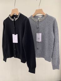 New Womens Sweaters Designer Gray/Black O Neck Crystals Wool Cardigans Fashion Buttons Warm Sweater 112302