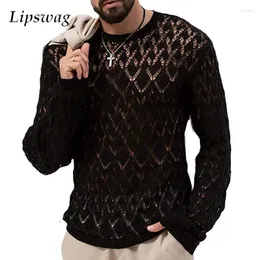 Men's T Shirts Long Sleeve Knit Jumper Tops Men Fall Vintage Embroidery Hollow Out T-shirts Knitted Mens Clothing Stylish Sexy