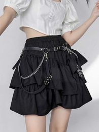 Skirts HOUZHOU Harajuku Gothic Skirt High Waist Double Pleated Skirt Y2k Irregular Black Punk Chain Streetwear Hot Girl Fashion Outfits P230422