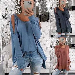 Women's Hoodies Women O Neck Long Sleeve Cold Shoulder Irregular Hem Loose Blouse Sweatshirt Summer Casual Solid Female Top Ladies Blouses