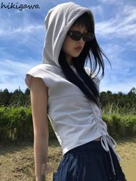 Women's T Shirts Crop Tops For Women Fashion Tshirts Harajuku Casual Sleeveless Hooded 2023 Ropa Mujer Drawstring Folds Y2k