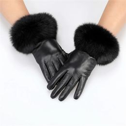 Five Fingers Gloves Arrival Wholesale Women's Real Sheepskin Leather Gloves With Rabbit Fur Cuffs Female Cycling Warm gloves Fleece Lining 231123