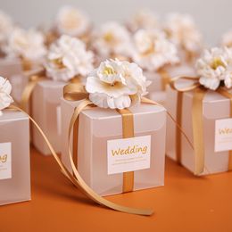 6x6x6cm Transparent Clear Candy Box With Artificial Flower Ribbon Wedding Souvenirs for Guests Matte Dragees Chocolate Box for Baptism