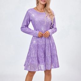 Casual Dresses 2023 Fashion Women's Sequin Mini Dress Glitter Long Sleeve Solid Colour Tiered Loose Babydoll Streetwear