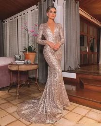 Gold Evening Dress Long Shinny Open Neck Women Elegant Straps Sequin Mermaid Maxi Prom Party Gown Abendkleider Robe De Soiree Vestidos